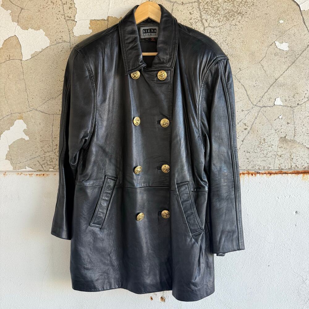 Vtg Leather Jacket Double‎ Breasted Car Coat Gold Buttons Womens L Siena Studio